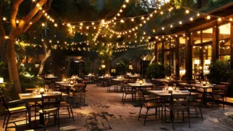 Bistro string lights draped over a fine dining restaurant patio.