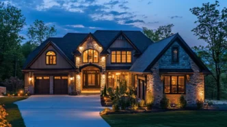 Beautiful opulent house at dusk illuminated by outdoor accent and path lights.