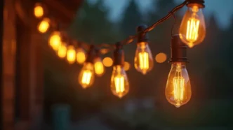 Bistro string lights draped amid backyard backdrop illuminated by s14 light bulbs.