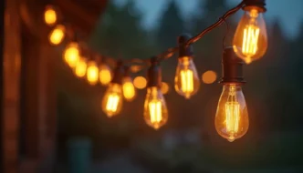 Bistro string lights draped amid backyard backdrop illuminated by s14 light bulbs.