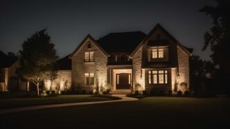 Upper middle class home at night festooned with led landscape lights.