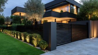 A modern, upscale home with a well manicured lawn and shrubs illuminated by uplights and in-ground lights at dusk.