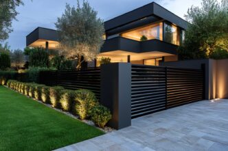 A modern, upscale home with a well manicured lawn and shrubs illuminated by uplights and in-ground lights at dusk.
