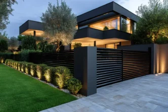 A modern, upscale home with a well manicured lawn and shrubs illuminated by uplights and in-ground lights at dusk.