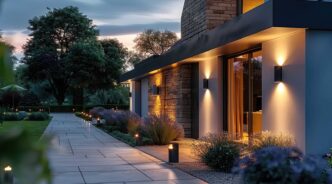 Sconce lights adorning the facade of an opulent home at dusk.