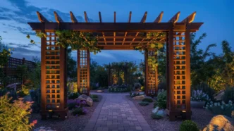 Outdoor garden trellis straddling a brick laden pathway at dusk with uplights gently illuminating the trellis wood.