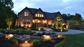 Opulent suburban home with landscape lights throughout an ornate backyard featuring a flagstone rock wall.