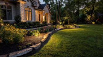 Brick-bordered garden gently illuminated with path lights in front of a suburban upper middle class home.