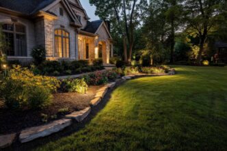 Brick-bordered garden gently illuminated with path lights in front of a suburban upper middle class home.