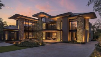 Modern, opulent house with ornate landscape lighting design, including roofline uplight lighting.