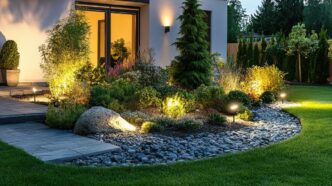 Accent lights illuminating a garden with plants, flowers, and rocks.