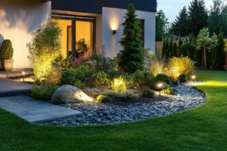 Accent lights illuminating a garden with plants, flowers, and rocks.