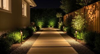 Residential pathway flanked by path lights illuminating adjacent garden beds and shrubbery at night.