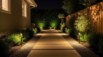 Residential pathway flanked by path lights illuminating adjacent garden beds and shrubbery at night.