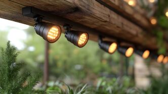 Outdoor track lights over a row of plants.