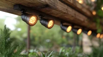 Outdoor track lights over a row of plants.