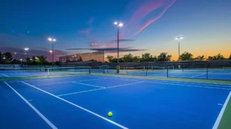 Pickleball court lights illuminating a blue and white pickleball court at dusk.