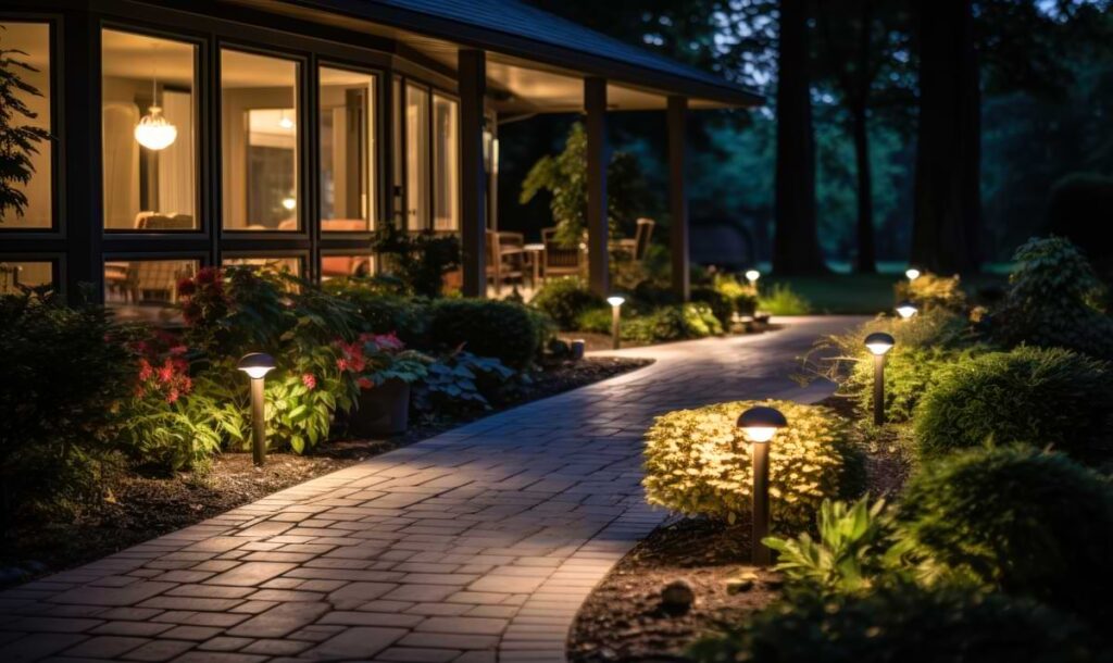 Brick walkway flanked by path lights running parallel to back of house leading up to back door entrance and patio. 