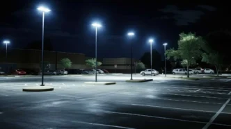 Large LED shoebox lights illuminating a parking lot with bright light.