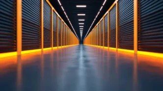 A hall of indoor storage units with LED strip lights illuminating the bottom of each unit garage door to enhance safety measures.