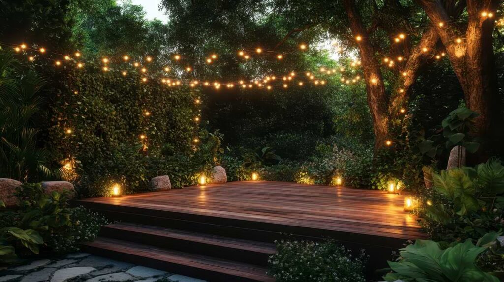 String lights draped between trees flanking a backyard wooden deck.