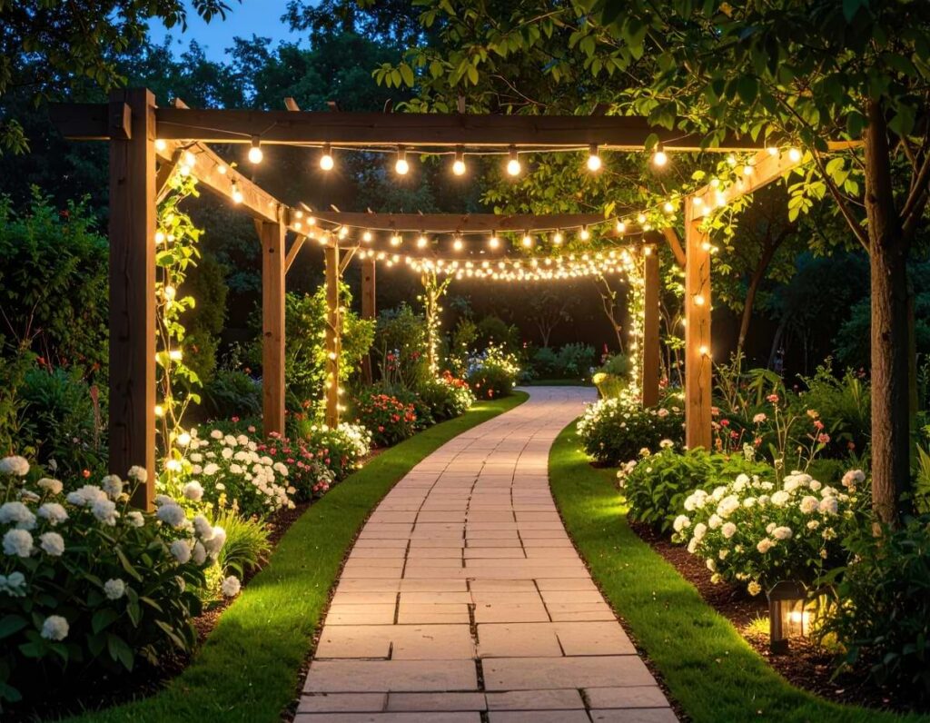 LED bistro lights woven through rafters of a pergola illuminating a backyard walkway.