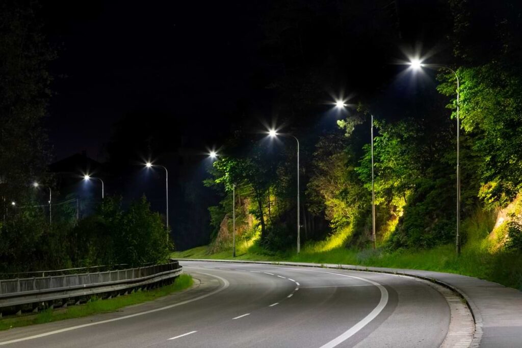 Street lights illuminating the pavement of a winding curve and road-adjacent foliage. 