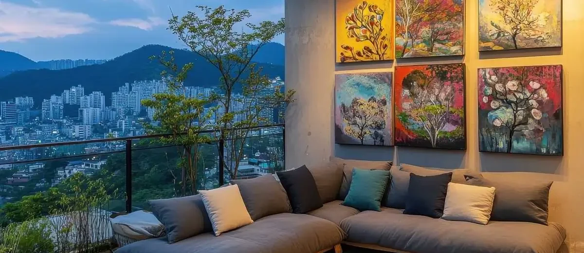 Outdoor track lights downlighting a cluster of 6 modern art canvas paintings against a patio wall overlooking a sectional-anchored balcony with an urban backdrop.