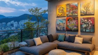 Outdoor track lights downlighting a cluster of 6 modern art canvas paintings against a patio wall overlooking a sectional-anchored balcony with an urban backdrop.