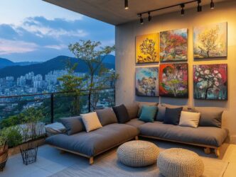 Outdoor track lights downlighting a cluster of 6 modern art canvas paintings against a patio wall overlooking a sectional-anchored balcony with an urban backdrop.