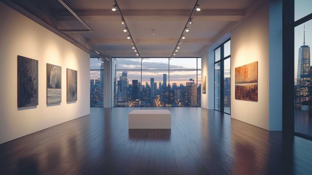Paintings lit up by a row of track lights at a New York City art gallery at dusk.