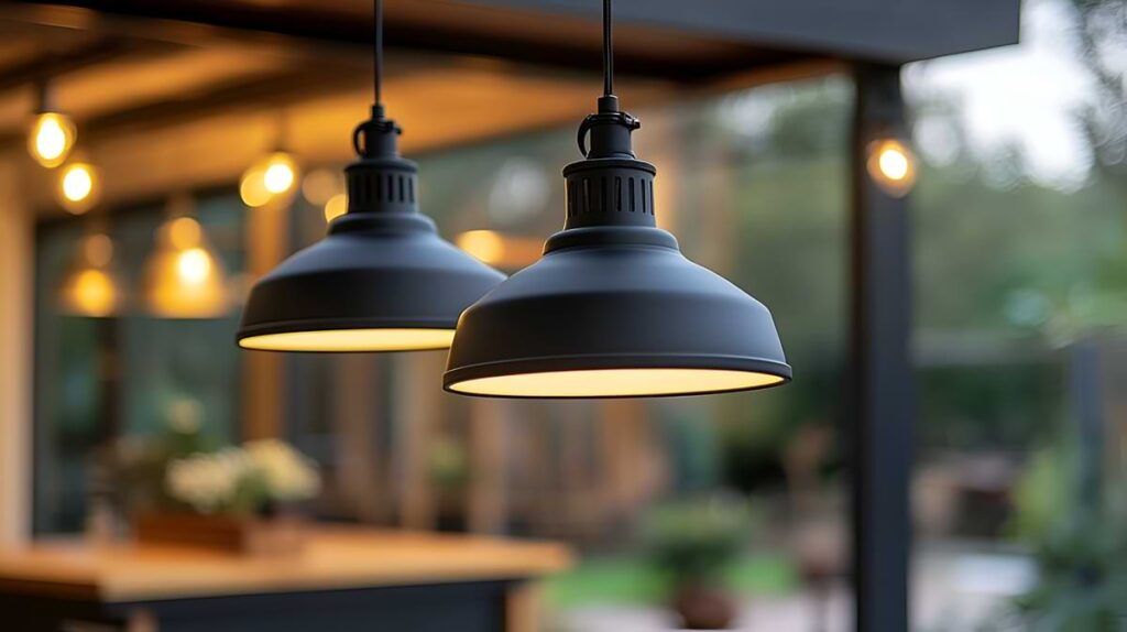 Classic black pendant lights hanging in a backyard at dusk. 