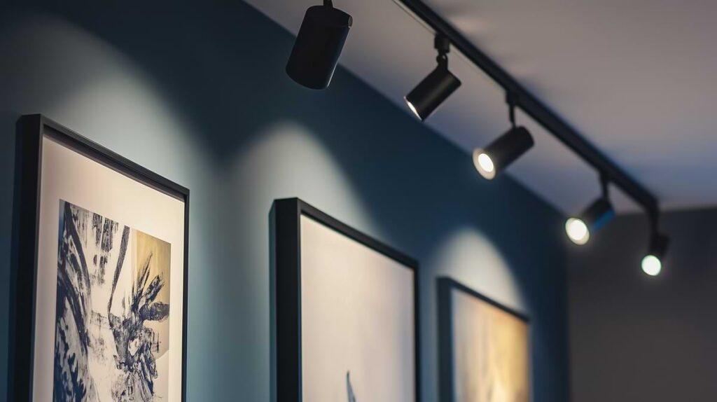 Track lights illuminating 3 black-framed paintings against a blue wall. 