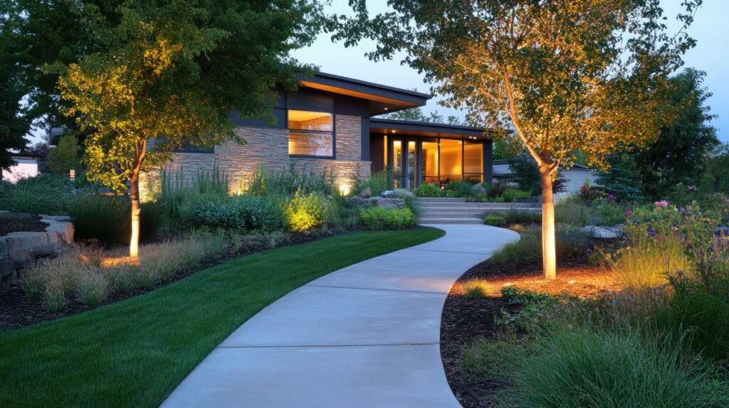 Sidewalk flanked by trees uplit by accent lights winding through a front yard that leads up to a modern ranch style home. 