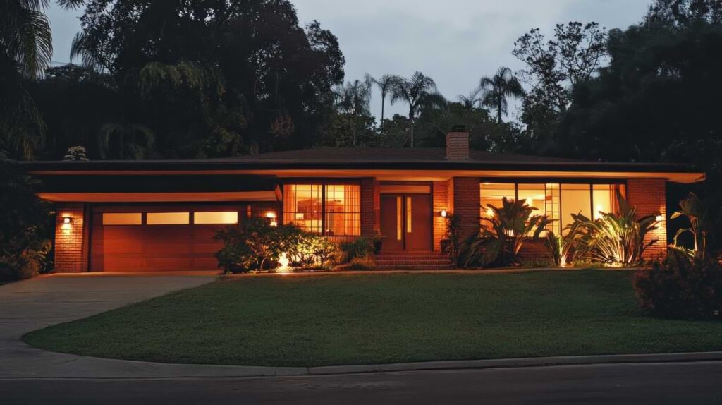 One-story 70s style home illuminated by uplights and path lights in the garden and two sconce lights flanking the single-row-windowed garage.