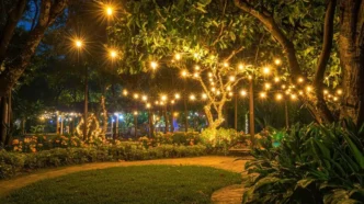 Bistro string lights woven throughout a tree adjacent to an open patch of grass encircled by a brick walkway.