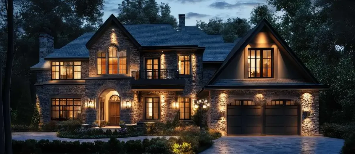 Upper middle class house with induction wall wash lights, accent lights, and path lights illuminating the facade and landscape.
