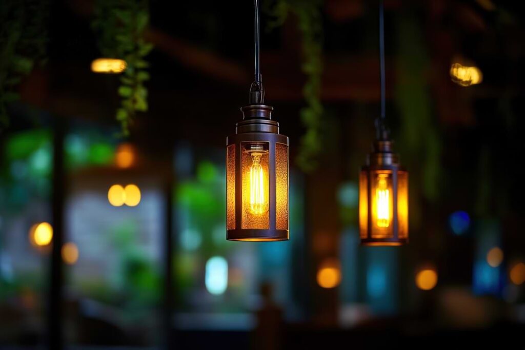 Cylindrical outdoor pendant lights illuminating a backyard patio.