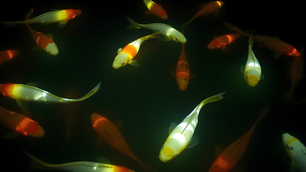A school of fish swimming underwater gently illuminated by underwater lighting.