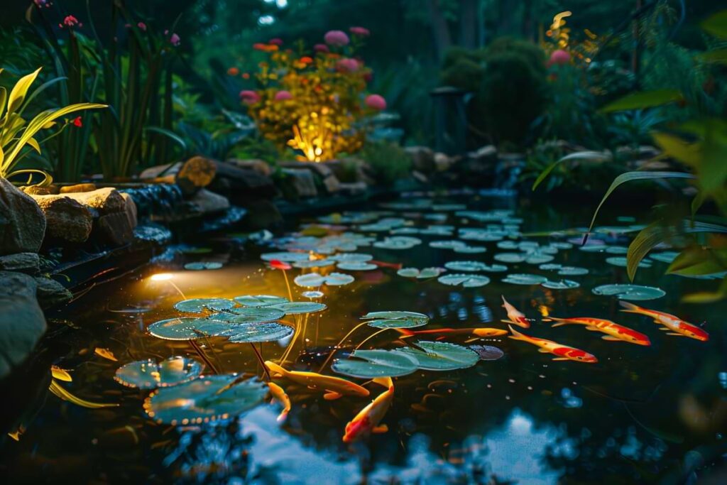 Beautiful backyard pond replete with lily pads and a school of Sarasa Comet Goldfish illuminated by underwater pond lights.