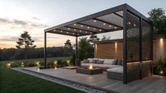 Fire pit-anchored covered outside patio with downlights on a bordering retaining wall and path lights illuminating shrubbery in the background.