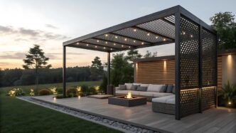 Fire pit-anchored covered outside patio with downlights on a bordering retaining wall and path lights illuminating shrubbery in the background.