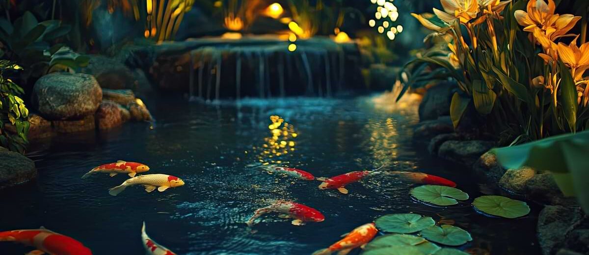 Large, elaborate garden pond with Sarasa Comet Goldfish and lily pads illuminated by underwater lights with a large fountain in the background.
