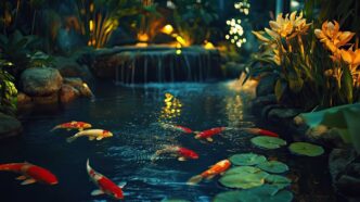 Large, elaborate garden pond with Sarasa Comet Goldfish and lily pads illuminated by underwater lights with a large fountain in the background.