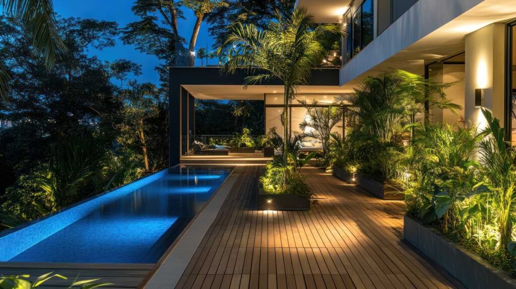 Induction uplights and accent lights illuminating a swimming pool-anchored backyard at dusk.