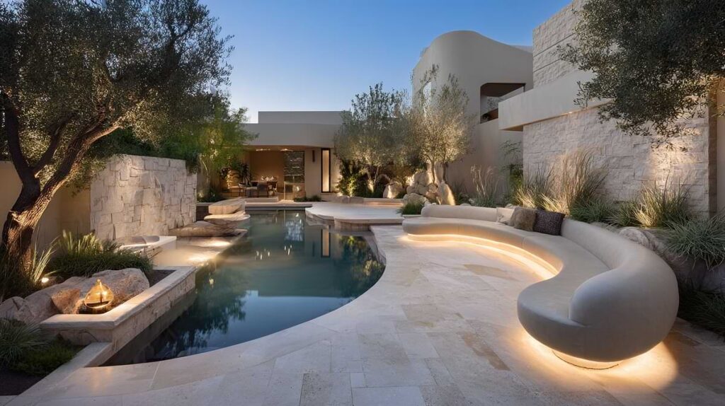 Backyard of opulent modern home with a curved concrete bench with lights tucked underneath overlooking a half circle swimming pool.