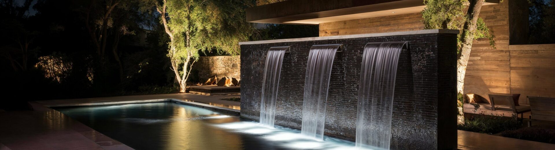 outdoor home modern water feature fountain waterfall on swimming pool as wide banner with copy space area for garden landscape design concepts