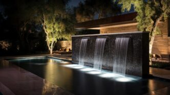 outdoor home modern water feature fountain waterfall on swimming pool as wide banner with copy space area for garden landscape design concepts