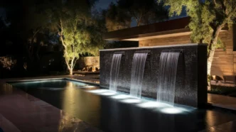 outdoor home modern water feature fountain waterfall on swimming pool as wide banner with copy space area for garden landscape design concepts