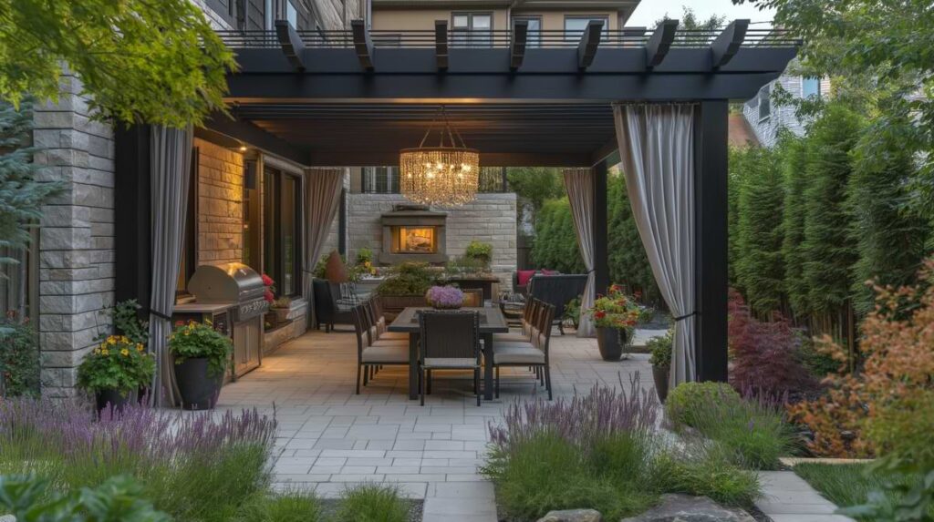 Outdoor patio with an elaborate chandelier hanging over an outdoor dining table and chairs.